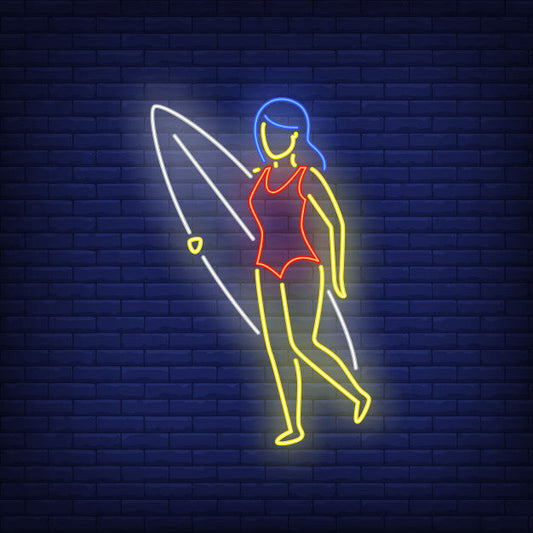 Woman Carrying Surfboard Neon Sign